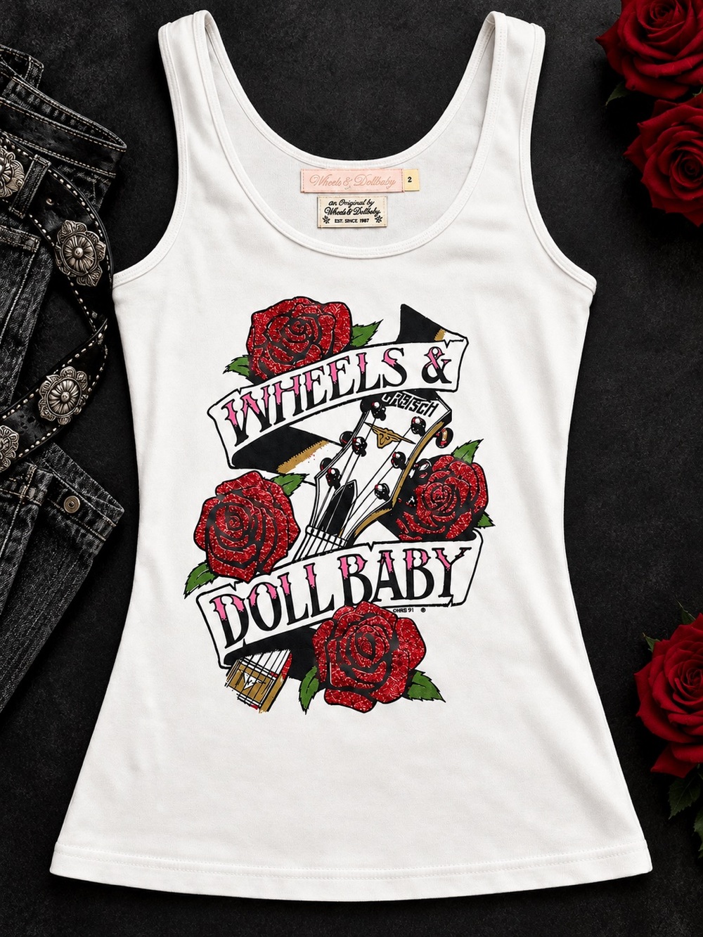 Wheels & Dollbaby Y2K Rose & Guitar Graphic Tank Top NWOT Size 2